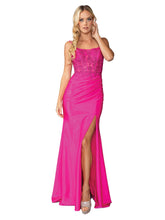 DQ 4434 - Stretch Satin Fit & Flare Prom Gown with Sheer Beaded Corset Bodice Lace Up Open back & Leg Slit PROM GOWN Dancing Queen XS FUCHSIA 