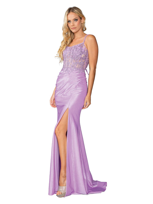 DQ 4434 - Stretch Satin Fit & Flare Prom Gown with Sheer Beaded Corset Bodice Lace Up Open back & Leg Slit PROM GOWN Dancing Queen XS LILAC 