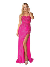 DQ 4436 - Stretch Satin Fit & Flare Prom Gown with Sheer Beaded Corset Bodice & Leg Slit PROM GOWN Dancing Queen XS FUCHSIA 