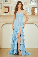AC 7085 - Ruffled Chiffon Layered Fit & Flare Prom Gown with Sequined Lace Embellished Bodice Leg Slit & Open Lace Up Back Prom Gown Amelia Couture 0 light blue