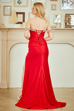 AC 7086 - Off the Shoulder Stretch Satin Fit & Flare Prom Gown with Crystal Accented Bodice Leg Slit & Lace Up Back Prom Gown Amelia Couture