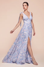 CD 7444 - Floral Printed Chiffon A-Line Formal Gown with Tying Shoulder Straps & Leg Slit PROM GOWN Cinderella Divine 6 Blue