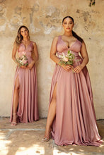 CD 7469 P - A-Line Satin Prom Gown with Pleated V-Neck Bodice Spaghetti Straps & Leg Slit Prom Dress Cinderella Divine 16 ROSE GOLD 