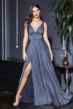 CD 7469 B - A-Line Satin Prom Gown with Pleated V-Neck Bodice Spaghetti Straps & Leg Slit Prom Dress Cinderella Divine 14 SMOKY BLUE 
