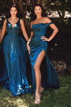 CD 7469 - A-Line Satin Prom Gown with Pleated V-Neck Bodice Spaghetti Straps & Leg Slit Sizes 16-24