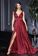 CD 7469 - A-Line Satin Prom Gown with Pleated V-Neck Bodice Spaghetti Straps & Leg Slit - Diggz Formals