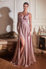 CD 7469 - A-Line Satin Prom Gown with Pleated V-Neck Bodice Spaghetti Straps & Leg Slit