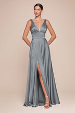 CD 7469 - A-Line Satin Prom Gown with Pleated V-Neck Bodice Spaghetti Straps & Leg Slit Sizes 16-24