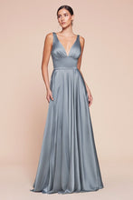 CD 7469 P - A-Line Satin Prom Gown with Pleated V-Neck Bodice Spaghetti Straps & Leg Slit