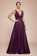 CD 7469 - A-Line Satin Prom Gown with Pleated V-Neck Bodice Spaghetti Straps & Leg Slit Sizes 16-24