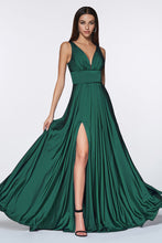 CD 7469 B - A-Line Satin Prom Gown with Pleated V-Neck Bodice Spaghetti Straps & Leg Slit Sizes 16-24