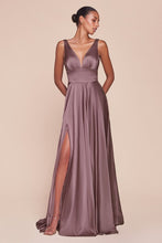 CD 7469 - A-Line Satin Prom Gown with Pleated V-Neck Bodice Spaghetti Straps & Leg Slit