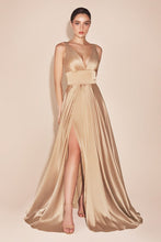 CD 7469 - A-Line Satin Prom Gown with Pleated V-Neck Bodice Spaghetti Straps & Leg Slit