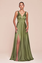 CD 7469 B - A-Line Satin Prom Gown with Pleated V-Neck Bodice Spaghetti Straps & Leg Slit Sizes 16-24