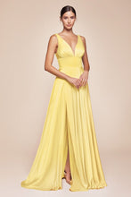 CD 7469 - A-Line Satin Prom Gown with Pleated V-Neck Bodice Spaghetti Straps & Leg Slit