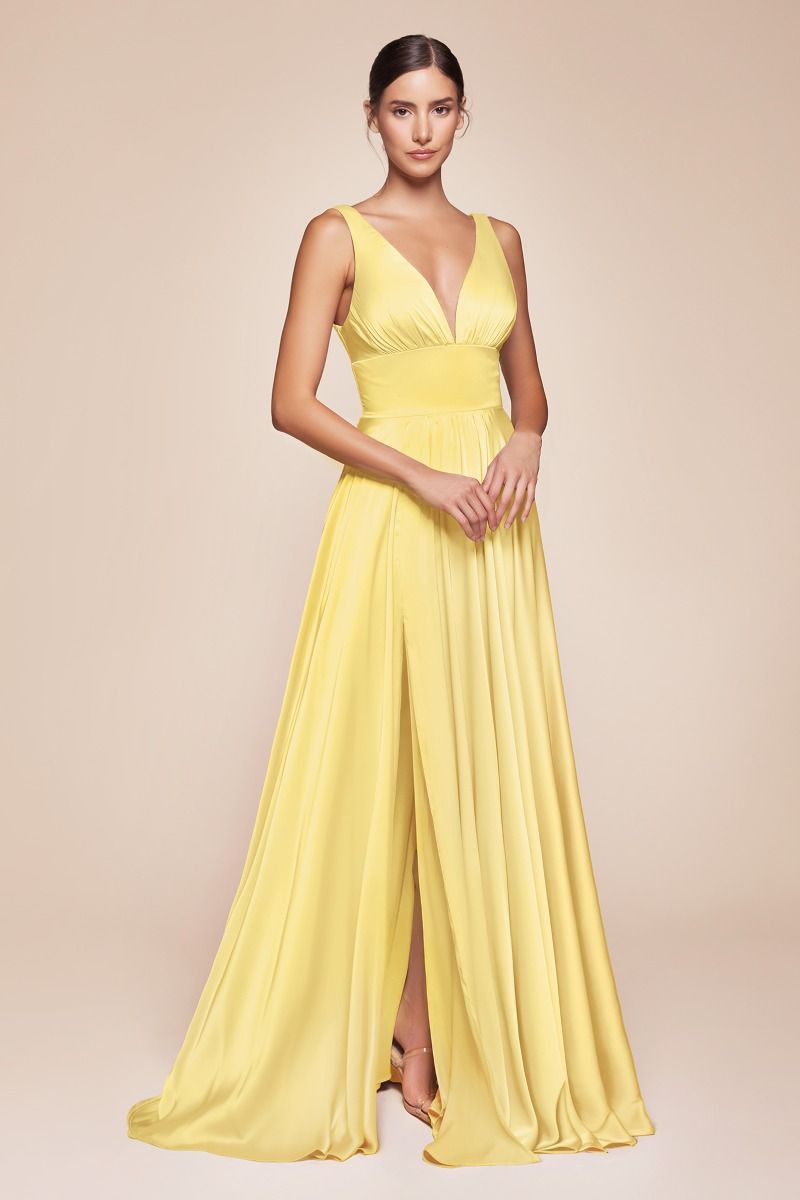 CD 7469 - A-Line Satin Prom Gown with Pleated V-Neck Bodice Spaghetti Diggz Formals CD 7469 - A-Line Satin Prom Gown with Pleated V-Neck Bodice Spaghetti Diggz Formals
