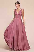 CD 7469 - A-Line Satin Prom Gown with Pleated V-Neck Bodice Spaghetti Straps & Leg Slit Sizes 16-24 PROM GOWN Cinderella Divine