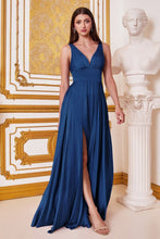 CD 7469 - A-Line Satin Prom Gown with Pleated V-Neck Bodice Spaghetti Straps & Leg Slit