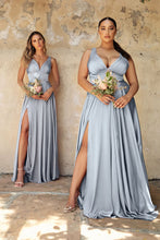 CD 7469 - A-Line Satin Prom Gown with Pleated V-Neck Bodice Spaghetti Straps & Leg Slit Sizes 16-24