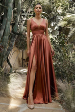 CD 7469 - A-Line Satin Prom Gown with Pleated V-Neck Bodice Spaghetti Straps & Leg Slit Sizes 16-24