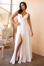 CD 7469W -  A-Line Wedding Gown with Pleated V-Neck Bodice Spaghetti Straps & Leg Slit