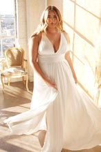 CD 7469WW -  Plus Size A-Line Wedding Gown with Pleated V-Neck Bodice Spaghetti Straps & Leg Slit