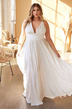 CD 7469WW -  Plus Size A-Line Wedding Gown with Pleated V-Neck Bodice Spaghetti Straps & Leg Slit