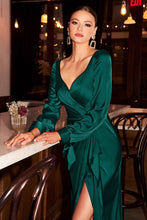 CD 7478 - Bloused Long Sleeve Satin Pleated Wrap Dress With Deep V-Neck & High Leg Slit Mother of the Bride Cinderella Divine 8 EMERALD 