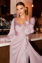 CD 7478 - Bloused Long Sleeve Satin Pleated Wrap Dress With Deep V-Neck & High Leg Slit Mother of the Bride Cinderella Divine   