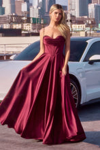 CD 7481 - Satin A-Line Formal Gown with Boned Scoop Neck Bodice Leg Slit & Open Lace Up Back PROM GOWN Cinderella Divine 2 Burgundy