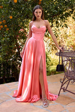 CD 7481 - Satin A-Line Formal Gown with Boned Scoop Neck Bodice Leg Slit & Open Lace Up Back PROM GOWN Cinderella Divine 2 Coral