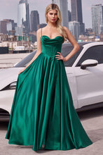 CD 7481 - Satin A-Line Formal Gown with Boned Scoop Neck Bodice Leg Slit & Open Lace Up Back PROM GOWN Cinderella Divine 2 Emerald