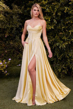 CD 7481 - Satin A-Line Formal Gown with Boned Scoop Neck Bodice Leg Slit & Open Lace Up Back PROM GOWN Cinderella Divine