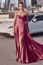 CD 7481 - Satin A-Line Formal Gown with Boned Scoop Neck Bodice Leg Slit & Open Lace Up Back PROM GOWN Cinderella Divine 2 Mauve Rose