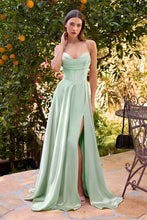 CD 7481 - Satin A-Line Formal Gown with Boned Scoop Neck Bodice Leg Slit & Open Lace Up Back PROM GOWN Cinderella Divine 2 Mint Green