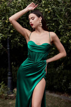 CD 7483 - Stretch Satin Fit & Flare Prom Gown with Boned Cowl Neck Bodice Open Corset Back & Leg Slit PROM GOWN Cinderella Divine 2 EMERALD 