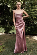 CD 7483 - Stretch Satin Fit & Flare Prom Gown with Boned Cowl Neck Bodice Open Corset Back & Leg Slit PROM GOWN Cinderella Divine   