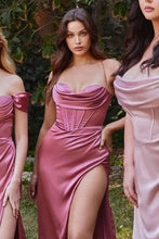 CD 7483 - Stretch Satin Fit & Flare Prom Gown with Boned Cowl Neck Bodice Open Corset Back & Leg Slit PROM GOWN Cinderella Divine 4 MAUVE ROSE 