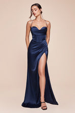 CD 7483 - Stretch Satin Fit & Flare Prom Gown with Structured Cowl Neck Corset Bodice Open Lace Up Back Back & Leg Slit PROM GOWN Cinderella Divine 2 NAVY