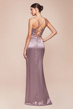 CD 7483 - Stretch Satin Fit & Flare Prom Gown with Structured Cowl Neck Corset Bodice Open Lace Up Back Back & Leg Slit - Diggz Formals