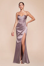 CD 7483 - Stretch Satin Fit & Flare Prom Gown with Structured Cowl Neck Corset Bodice Open Lace Up Back Back & Leg Slit PROM GOWN Cinderella Divine 2 TAUPE