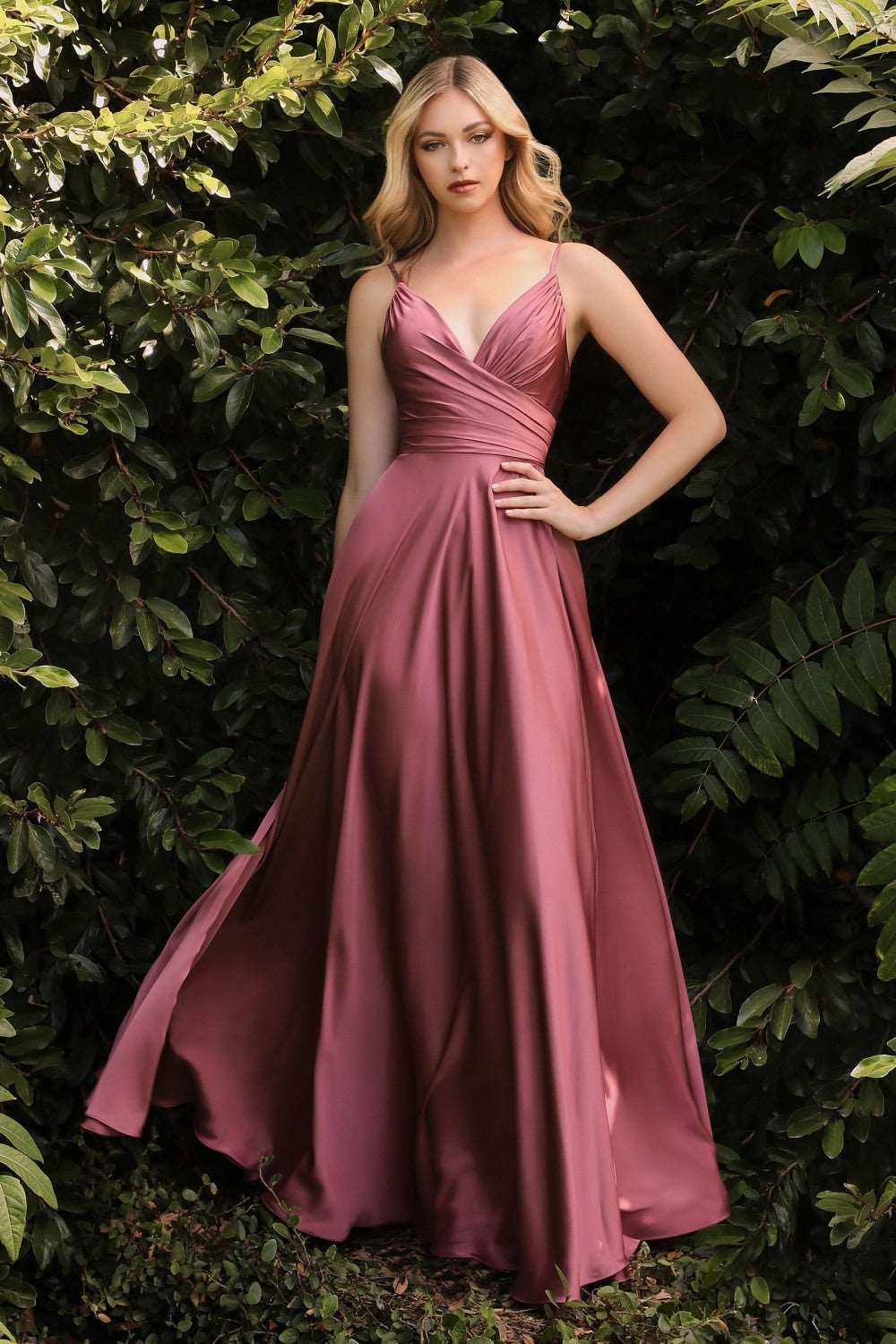 CD 7485 - Satin A-Line Prom Gown with Gathered Sweetheart Neckline & Leg Slit Dresses Cinderella Divine 4 MAUVE ROSE 