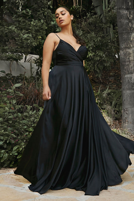 CD 7485C - Satin A-Line Prom Gown with Gathered Sweetheart Neckline & Leg Slit PROM GOWN Cinderella Divine 20 BLACK 