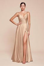 CD 7485C - Satin A-Line Prom Gown with Gathered Sweetheart Neckline & Leg Slit PROM GOWN Cinderella Divine 18 CHAMPAGNE GOLD