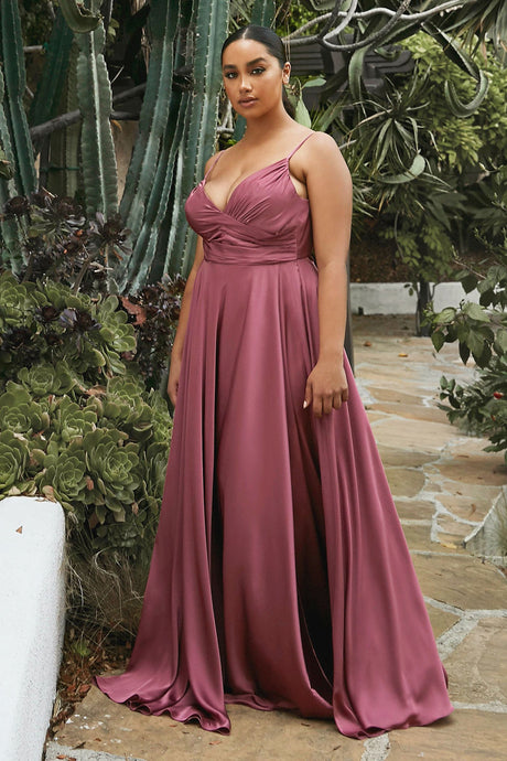 CD 7485C - Satin A-Line Prom Gown with Gathered Sweetheart Neckline & Leg Slit PROM GOWN Cinderella Divine 18 MAUVE ROSE