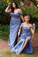 CD 7492 - Off the Shoulder Stretch Satin Fit & Flare Prom Gown with Boned Bodice & Leg Slit PROM GOWN Cinderella Divine 2 SMOKY BLUE 