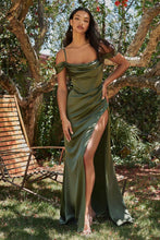 CD 7492 C - Off the Shoulder Stretch Satin Fit & Flare Prom Gown with Boned Bodice & Leg Slit PROM GOWN Cinderella Divine 18 OLIVE 