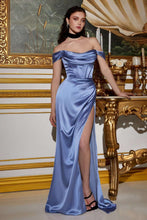 CD 7492 - Off the Shoulder Stretch Satin Fit & Flare Prom Gown with Boned Bodice & Leg Slit PROM GOWN Cinderella Divine   