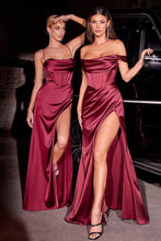 CD 7483 - Stretch Satin Fit & Flare Prom Gown with Structured Cowl Neck Corset Bodice Open Lace Up Back Back & Leg Slit - Diggz Formals