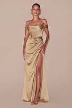 CD 7492 - Off the Shoulder Stretch Satin Fit & Flare Prom Gown with Boned Bodice & Leg Slit